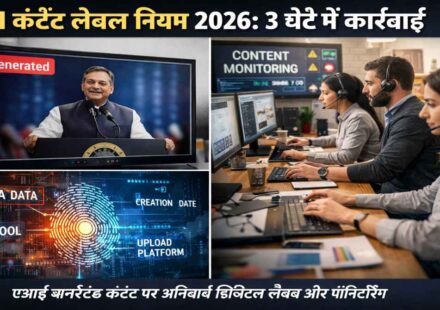 एक डिजिटल स्क्रीन पर AI जनरेटेड वीडियो दिख रहा है, जिसके कोने में स्पष्ट “AI Generated” लेबल और मेटाडेटा संकेत मौजूद है।