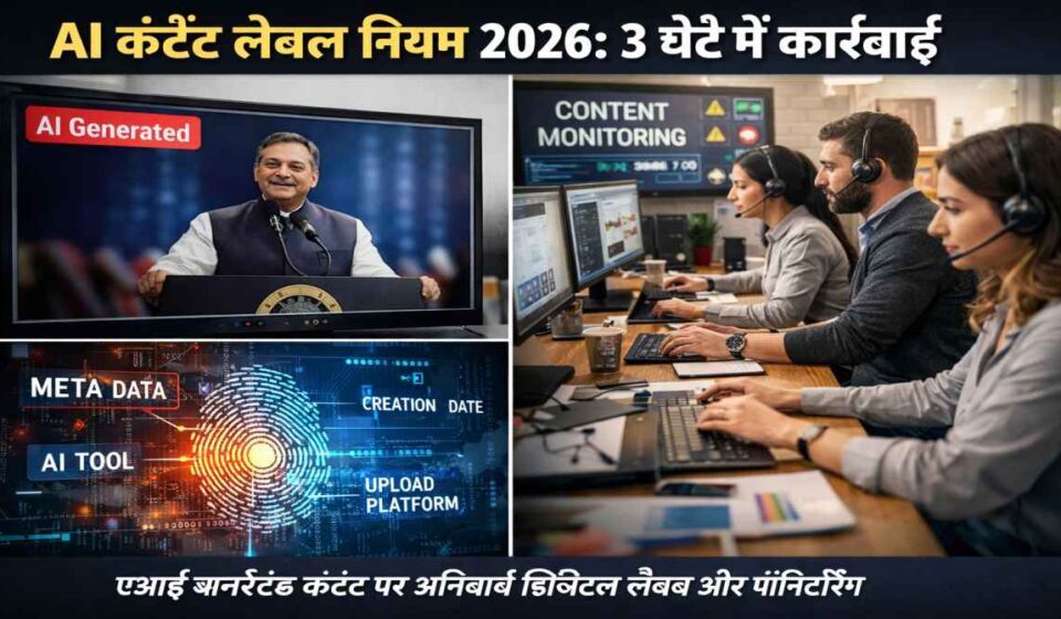 एक डिजिटल स्क्रीन पर AI जनरेटेड वीडियो दिख रहा है, जिसके कोने में स्पष्ट “AI Generated” लेबल और मेटाडेटा संकेत मौजूद है।