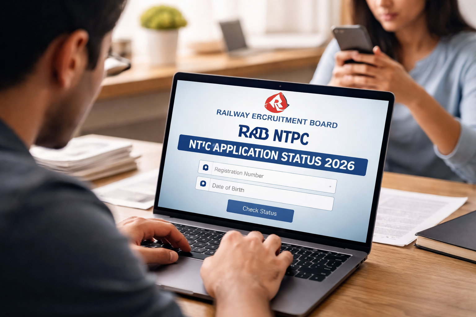 प्रतीकात्मक तस्वीर जिसमें उम्मीदवार लैपटॉप या मोबाइल पर RRB NTPC आवेदन स्थिति 2026 चेक करते हुए दिख रहे हैं।