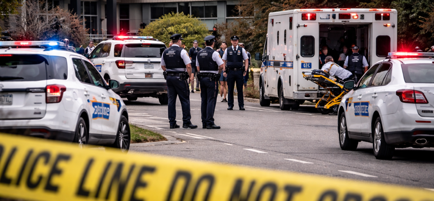 कनाडा स्कूल फायरिंग के बाद स्कूल परिसर के बाहर पुलिस और एंबुलेंस की मौजूदगी, क्षेत्र को घेराबंदी में लिया गया।