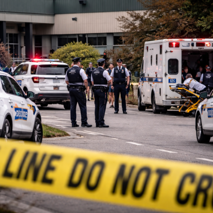 कनाडा स्कूल फायरिंग के बाद स्कूल परिसर के बाहर पुलिस और एंबुलेंस की मौजूदगी, क्षेत्र को घेराबंदी में लिया गया।