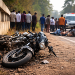 करम टोली गांव के पास सड़क किनारे पुल के पिलर से टकराई बाइक और आसपास खड़े ग्रामीणों का दृश्य।