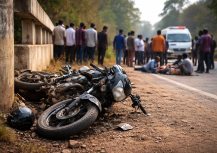 करम टोली गांव के पास सड़क किनारे पुल के पिलर से टकराई बाइक और आसपास खड़े ग्रामीणों का दृश्य।