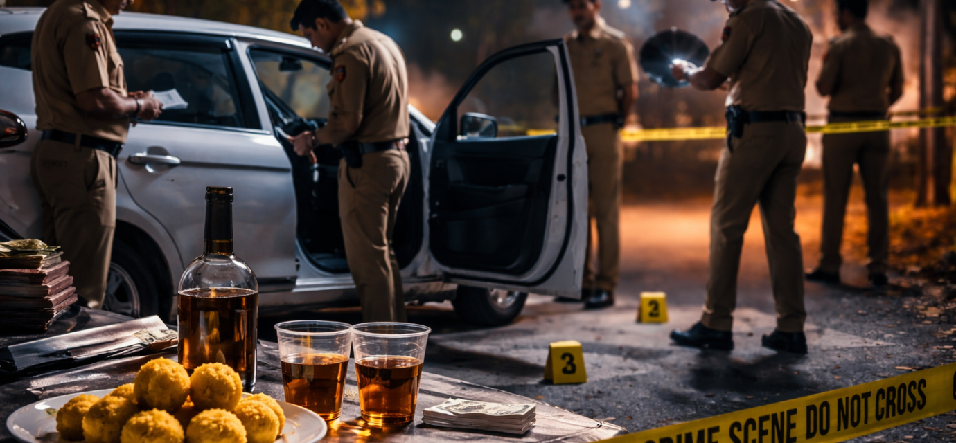 दिल्ली के पश्चिम विहार इलाके में खड़ी एक कार के पास पुलिस जांच करती हुई, क्राइम सीन का प्रतीकात्मक दृश्य।