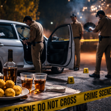 दिल्ली के पश्चिम विहार इलाके में खड़ी एक कार के पास पुलिस जांच करती हुई, क्राइम सीन का प्रतीकात्मक दृश्य।