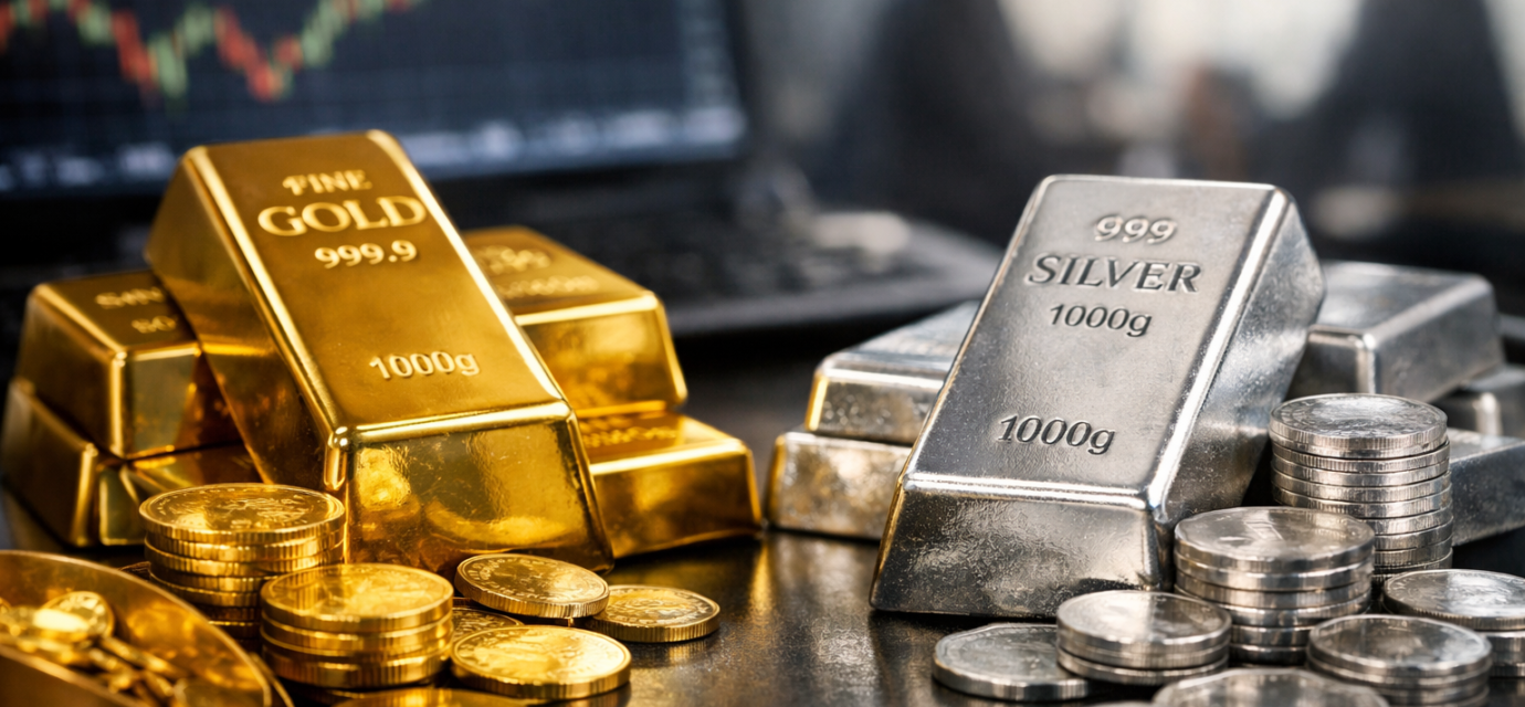 भारतीय सर्राफा बाजार में सोने और चांदी की ईंटों का क्लोजअप दृश्य, निवेश और कीमती धातुओं के प्रतीक के रूप में।