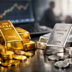 भारतीय सर्राफा बाजार में सोने और चांदी की ईंटों का क्लोजअप दृश्य, निवेश और कीमती धातुओं के प्रतीक के रूप में।