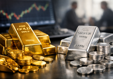 भारतीय सर्राफा बाजार में सोने और चांदी की ईंटों का क्लोजअप दृश्य, निवेश और कीमती धातुओं के प्रतीक के रूप में।