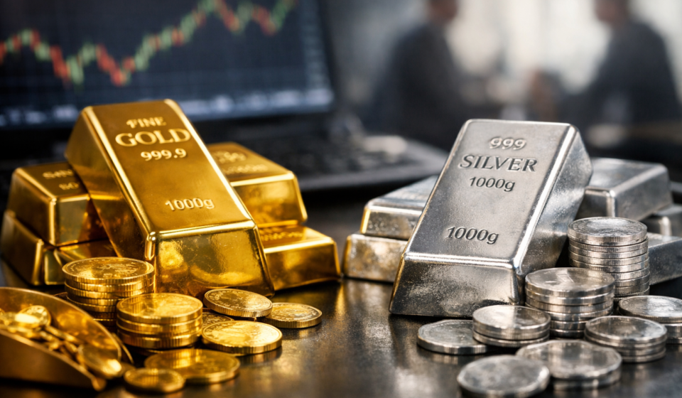 भारतीय सर्राफा बाजार में सोने और चांदी की ईंटों का क्लोजअप दृश्य, निवेश और कीमती धातुओं के प्रतीक के रूप में।