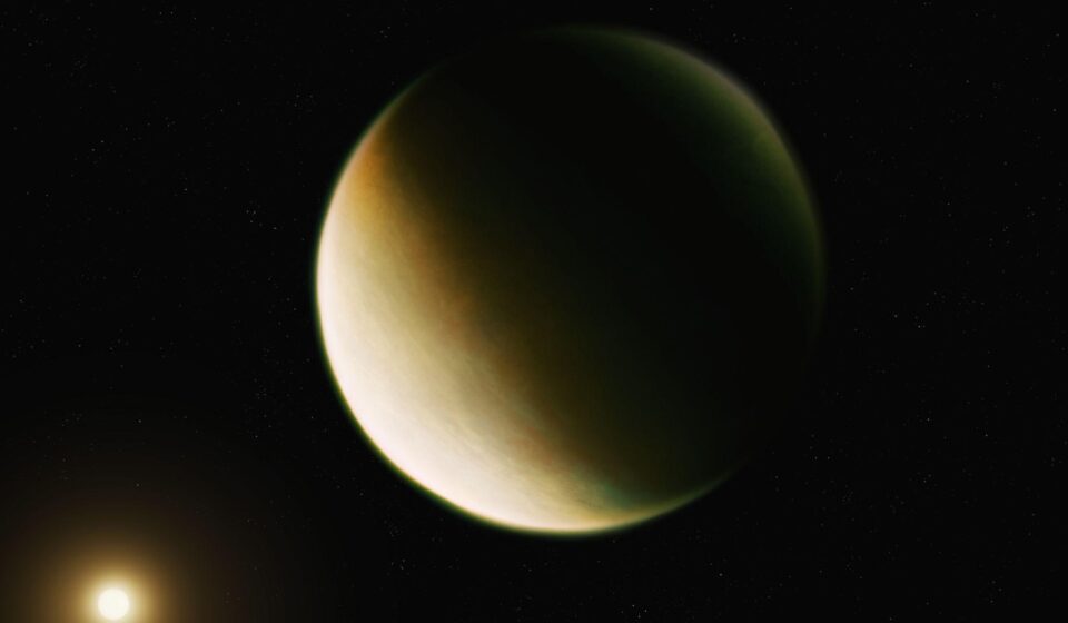 यह चित्र एक सुपर-अर्थ ग्रह को दर्शाता है जो अपने नजदीकी तारे के चारों ओर घूम रहा है, जहां मोटा वातावरण और चमकदार सतह दिखाई दे रही है।