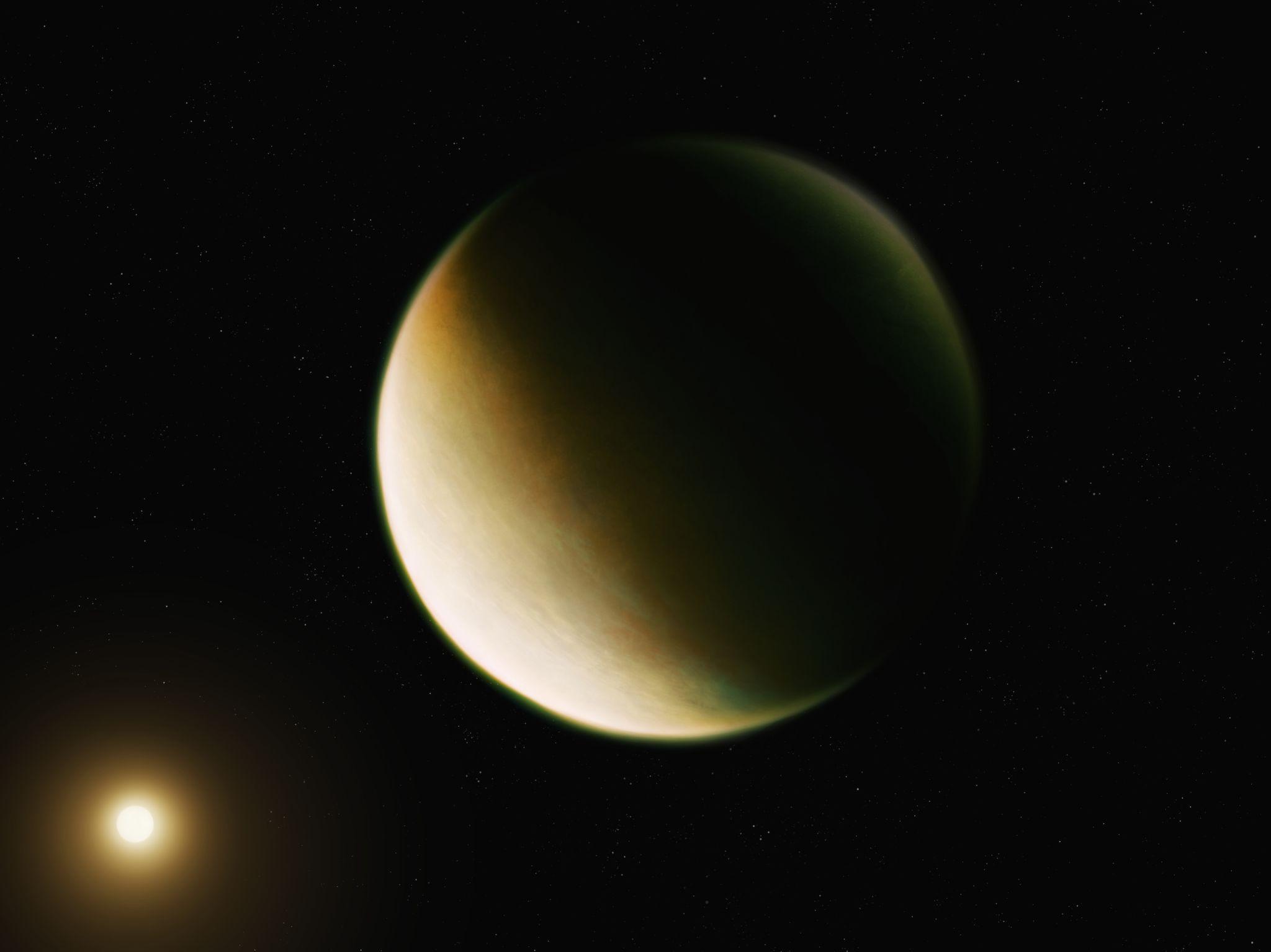 यह चित्र एक सुपर-अर्थ ग्रह को दर्शाता है जो अपने नजदीकी तारे के चारों ओर घूम रहा है, जहां मोटा वातावरण और चमकदार सतह दिखाई दे रही है।