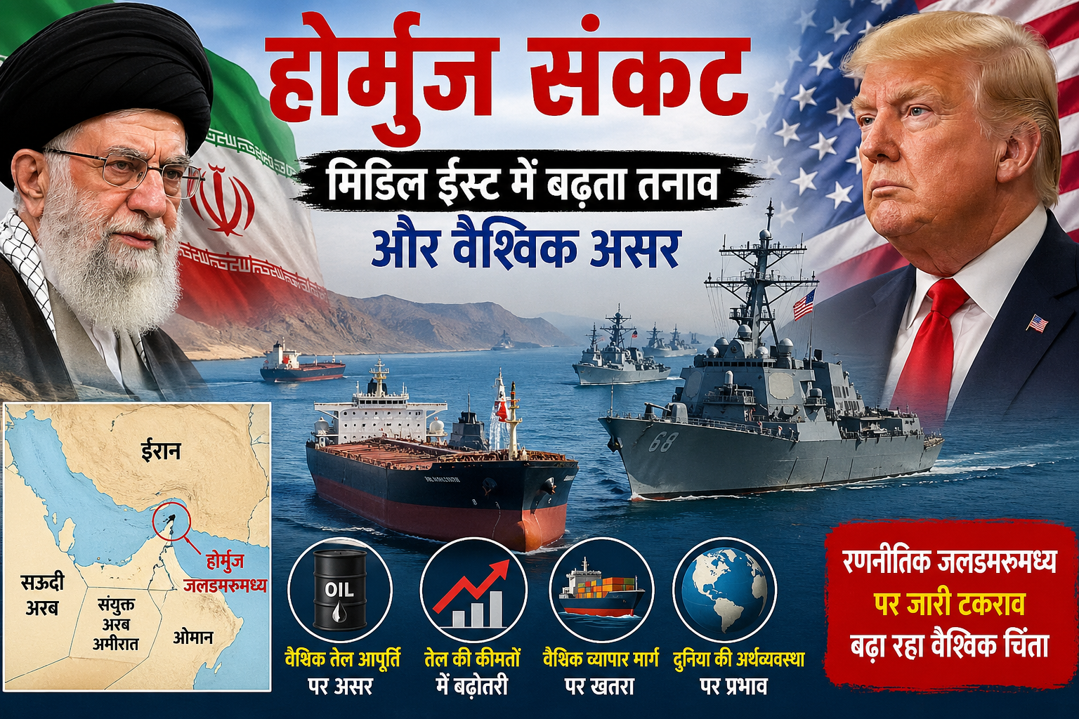 मिडिल ईस्ट के होर्मुज जलडमरूमध्य में जहाजों और सैन्य गतिविधियों का दृश्य, जो वैश्विक तेल आपूर्ति मार्ग को दर्शाता है।