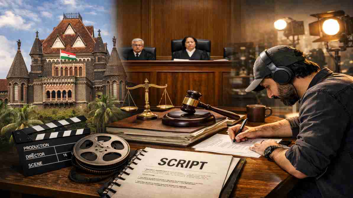 यह चित्र कोर्ट, फिल्म स्क्रिप्ट और बॉलीवुड इंडस्ट्री के बीच चल रहे विवाद को दर्शाता है, जिसमें कानूनी कार्रवाई और रचनात्मक अधिकारों का संघर्ष दिखाया गया है।
