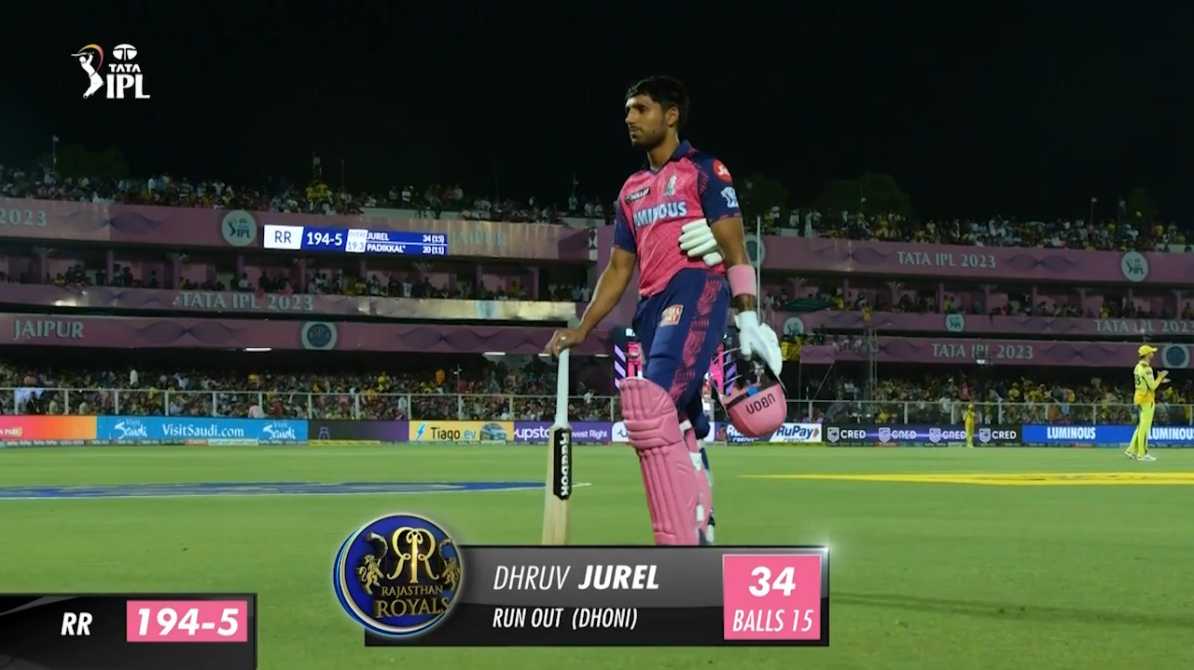 आईपीएल मैच में राजस्थान रॉयल्स की जीत के बाद खिलाड़ियों का जश्न, तुषार देशपांडे गेंदबाजी करते हुए और जुरेल-जायसवाल की बल्लेबाजी के दृश्य