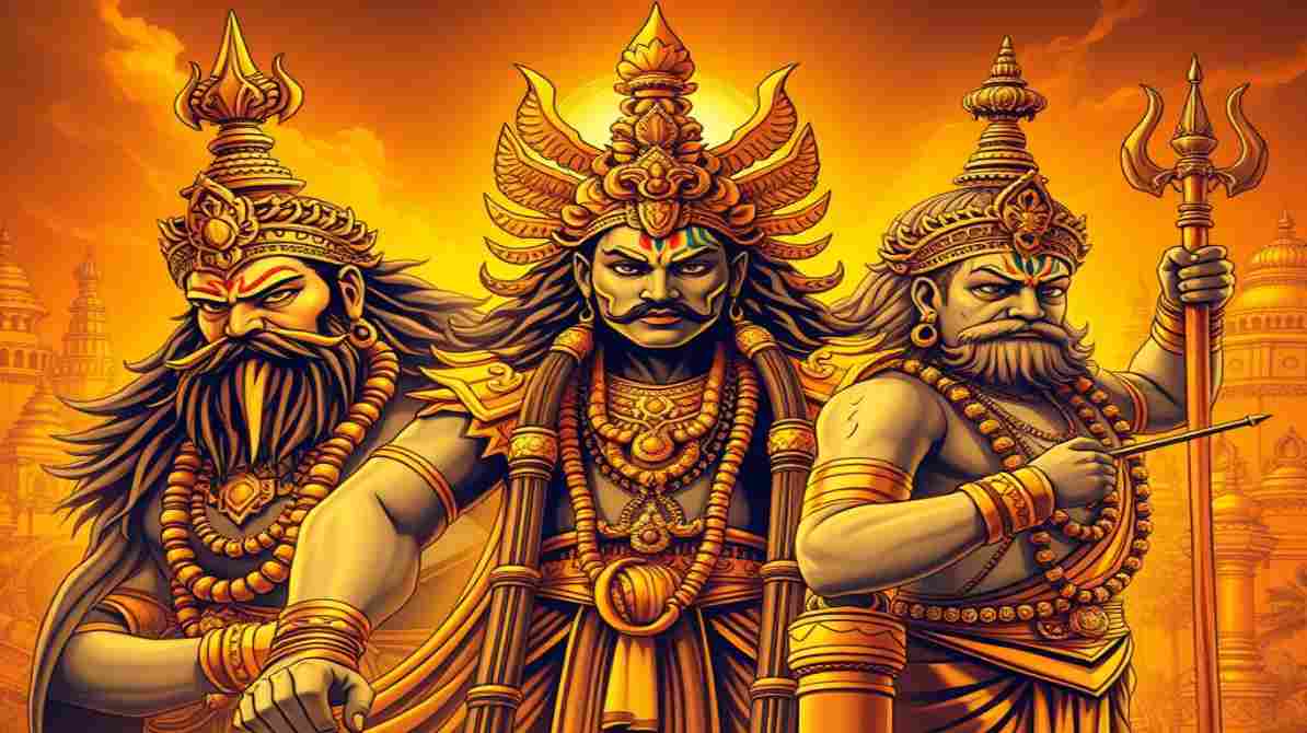 एक भव्य दृश्य जिसमें रावण और कुबेर के बीच युद्ध और पुष्पक विमान दिखाया गया है, सिनेमैटिक लाइटिंग के साथ।