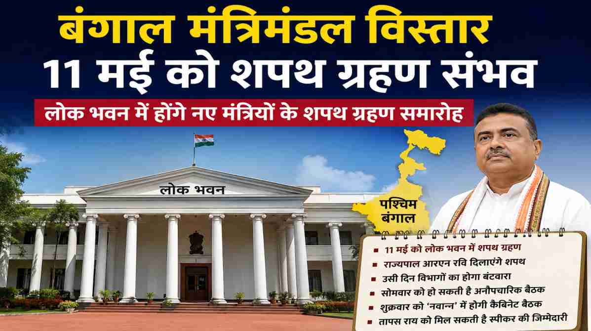 पश्चिम बंगाल में नई सरकार के मंत्रिमंडल विस्तार को लेकर लोक भवन में शपथ ग्रहण की तैयारियों का प्रतीकात्मक दृश्य।