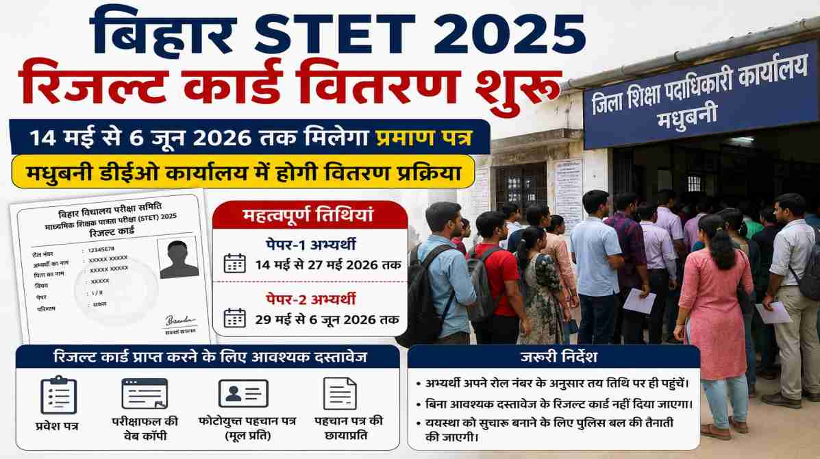 बिहार STET 2025 रिजल्ट कार्ड वितरण के लिए मधुबनी डीईओ कार्यालय में पहुंचे अभ्यर्थियों का प्रतीकात्मक दृश्य।
