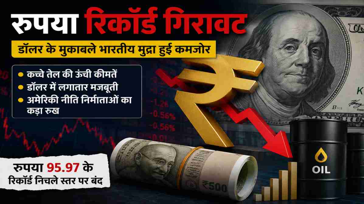 भारतीय रुपये और अमेरिकी डॉलर को दर्शाता बिजनेस और फॉरेक्स मार्केट आधारित प्रतीकात्मक दृश्य।