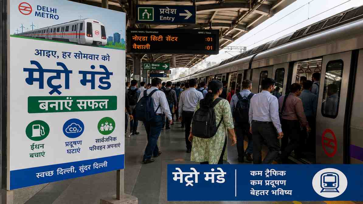दिल्ली मेट्रो स्टेशन पर यात्रियों की आवाजाही, अतिरिक्त सुरक्षा और मेट्रो मंडे अभियान की झलक दिखाती तस्वीर।