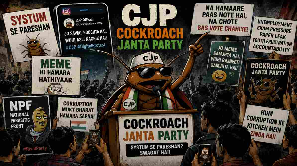 एक symbolic digital protest image जिसमें युवा सोशल मीडिया campaign और viral memes के जरिए अपनी नाराजगी जाहिर करते दिख रहे हैं।