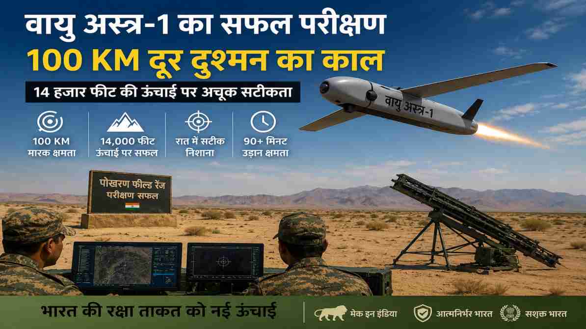 भारतीय रक्षा तकनीक से लैस वायु अस्त्र-1 लोइटरिंग म्यूनिशन का परीक्षण करते सुरक्षा विशेषज्ञों का प्रतीकात्मक दृश्य।