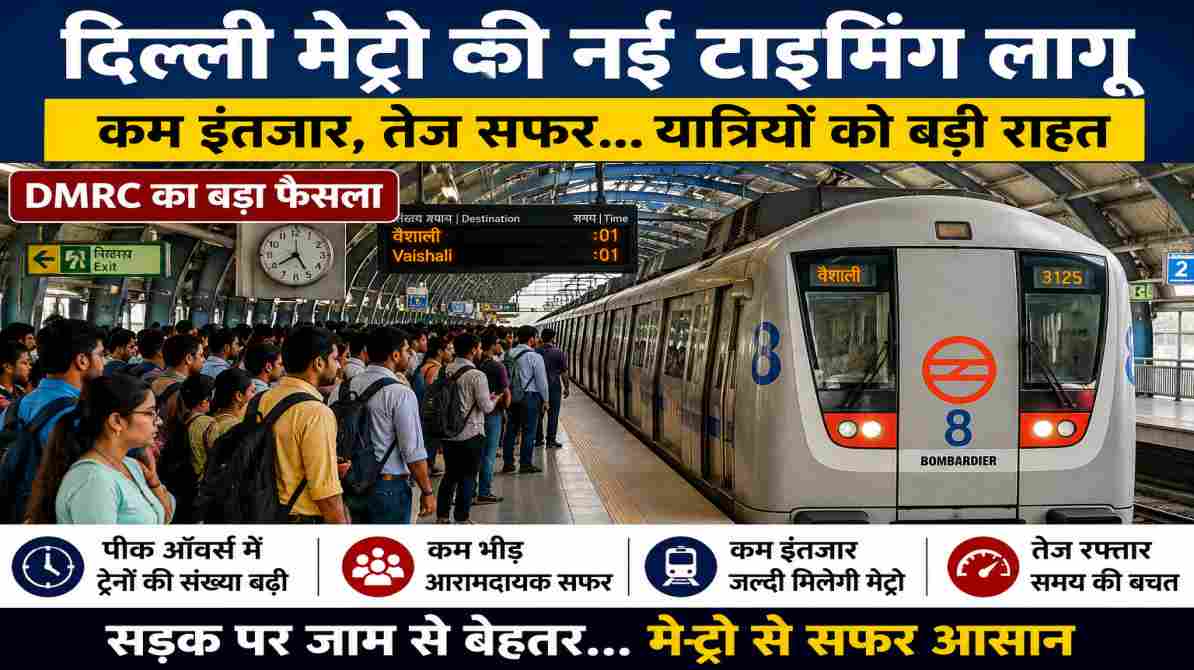 दिल्ली मेट्रो स्टेशन पर यात्रियों की आवाजाही और नई टाइमिंग व्यवस्था को दर्शाती हाई क्वालिटी न्यूज इमेज।
