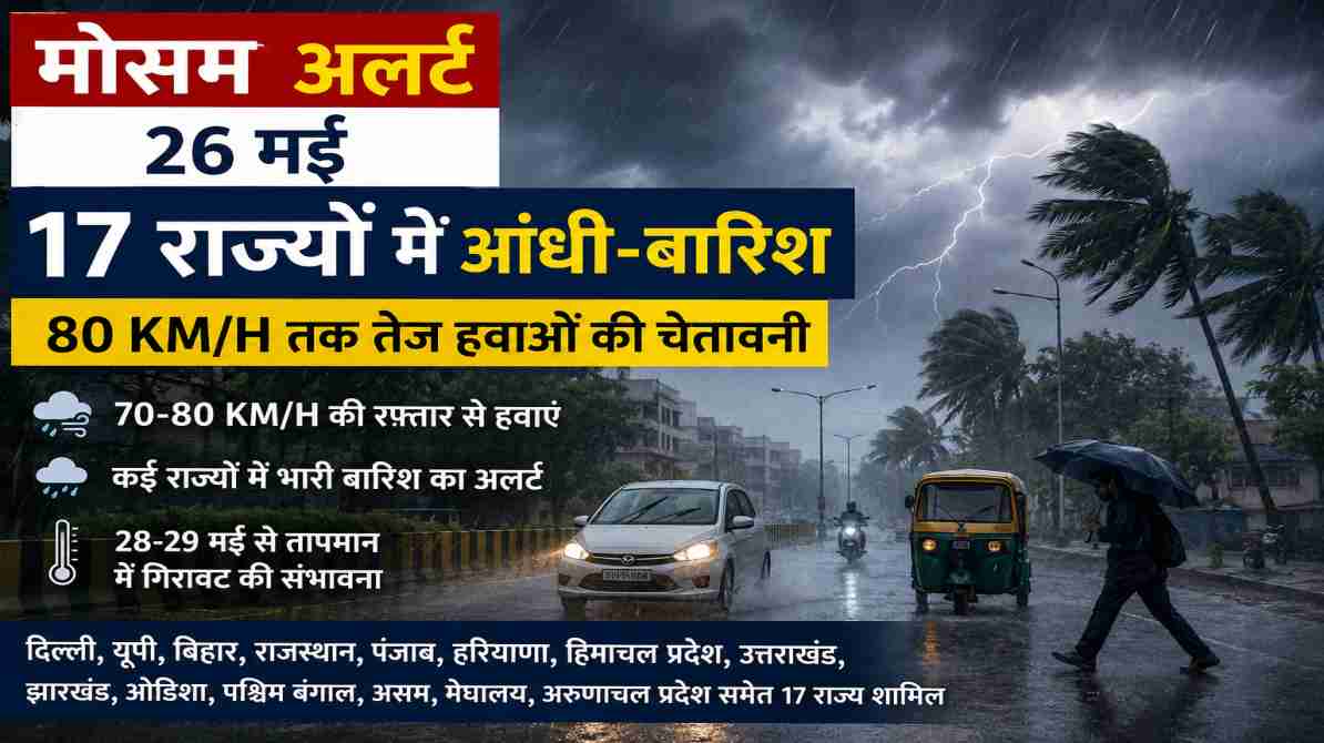 काले बादलों, तेज हवाओं और बारिश के बीच सड़क पर चलते वाहन और लोग, भारत में मौसम बदलाव का प्रतीक।