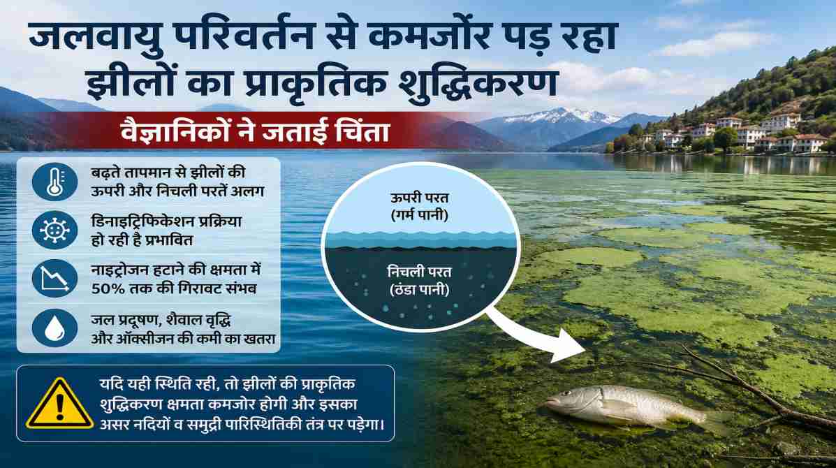 बढ़ते तापमान और प्रदूषण से प्रभावित एक बड़ी झील, जहां पानी की परतें अलग दिखाई दे रही हैं।