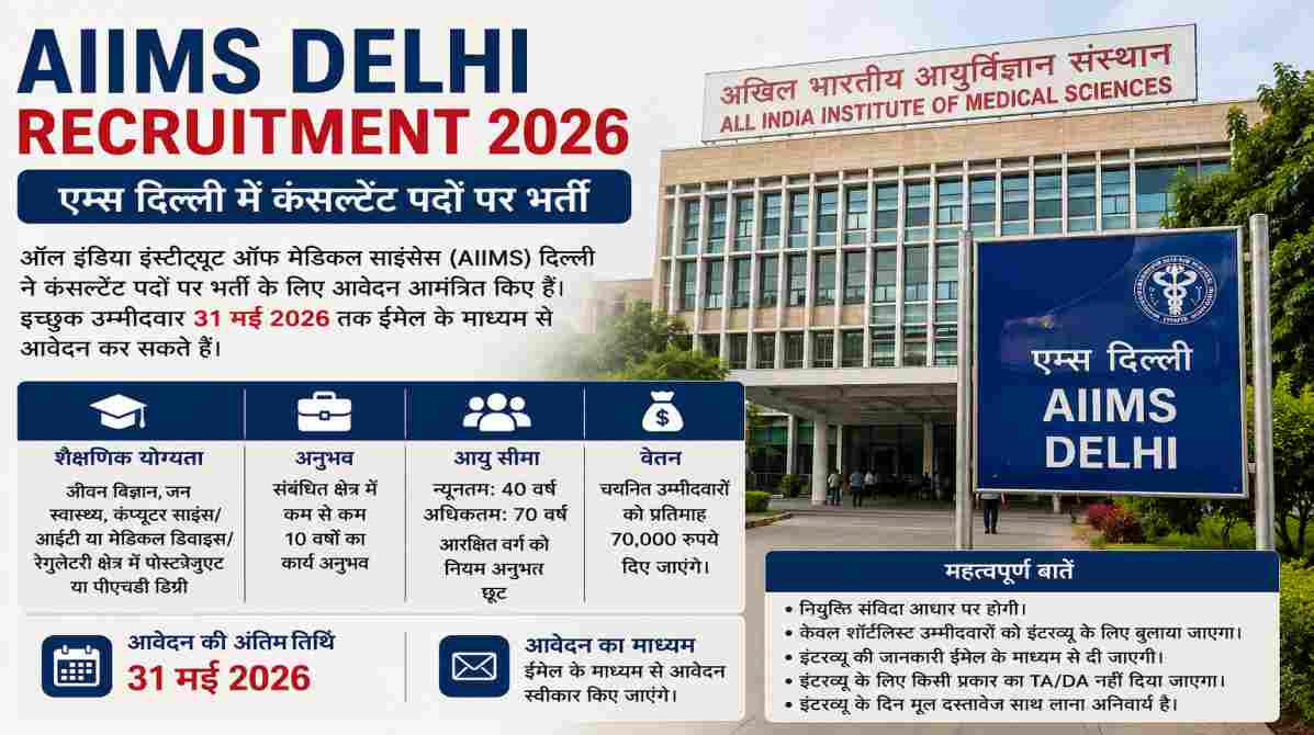 AIIMS Delhi संस्थान की आधुनिक इमारत का प्रोफेशनल दृश्य, जिसमें सरकारी नौकरी और मेडिकल भर्ती का प्रतीकात्मक माहौल दिखाया गया हो।