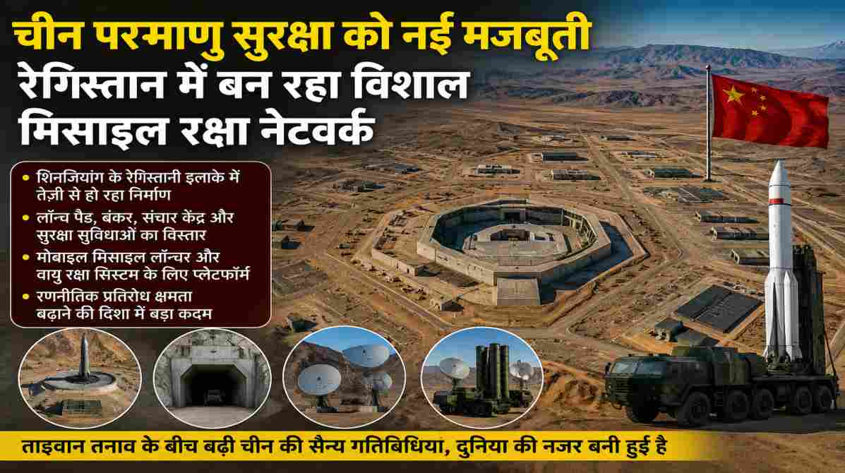 रेगिस्तानी क्षेत्र में बने सैन्य बंकर, मिसाइल लॉन्च पैड और सुरक्षा सुविधाओं का प्रतीकात्मक दृश्य, जो चीन परमाणु सुरक्षा परियोजना को दर्शाता है।