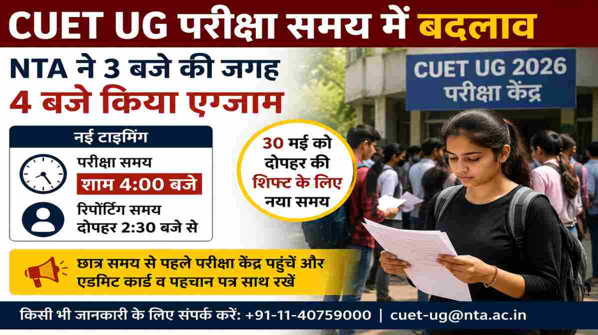 CUET UG 2026 परीक्षा के लिए परीक्षा केंद्र के बाहर खड़े छात्र, हाथ में एडमिट कार्ड लिए हुए, नई परीक्षा टाइमिंग की जानकारी प्राप्त करते हुए।
