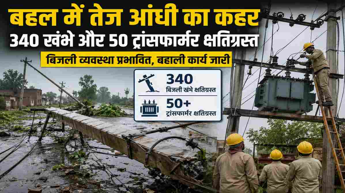 हरियाणा के भिवानी जिले के बहल क्षेत्र में आई तेज आंधी और बारिश के बाद टूटे बिजली खंभे, क्षतिग्रस्त ट्रांसफार्मर और बहाली कार्य में जुटी बिजली विभाग की टीम।