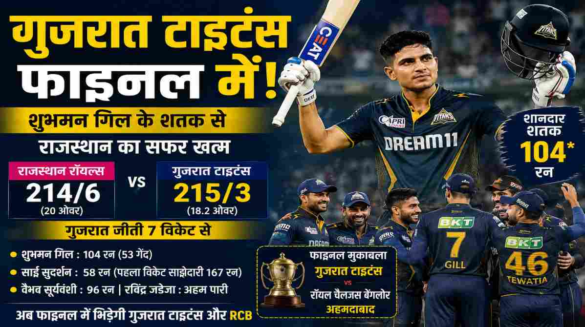 आईपीएल 2026 क्वालिफायर-2 में शुभमन गिल शतक का जश्न मनाते हुए, जबकि गुजरात टाइटंस के खिलाड़ी जीत का उत्सव मना रहे हैं। पृष्ठभूमि में क्रिकेट स्टेडियम और दर्शकों का उत्साह दिखाई दे रहा है।