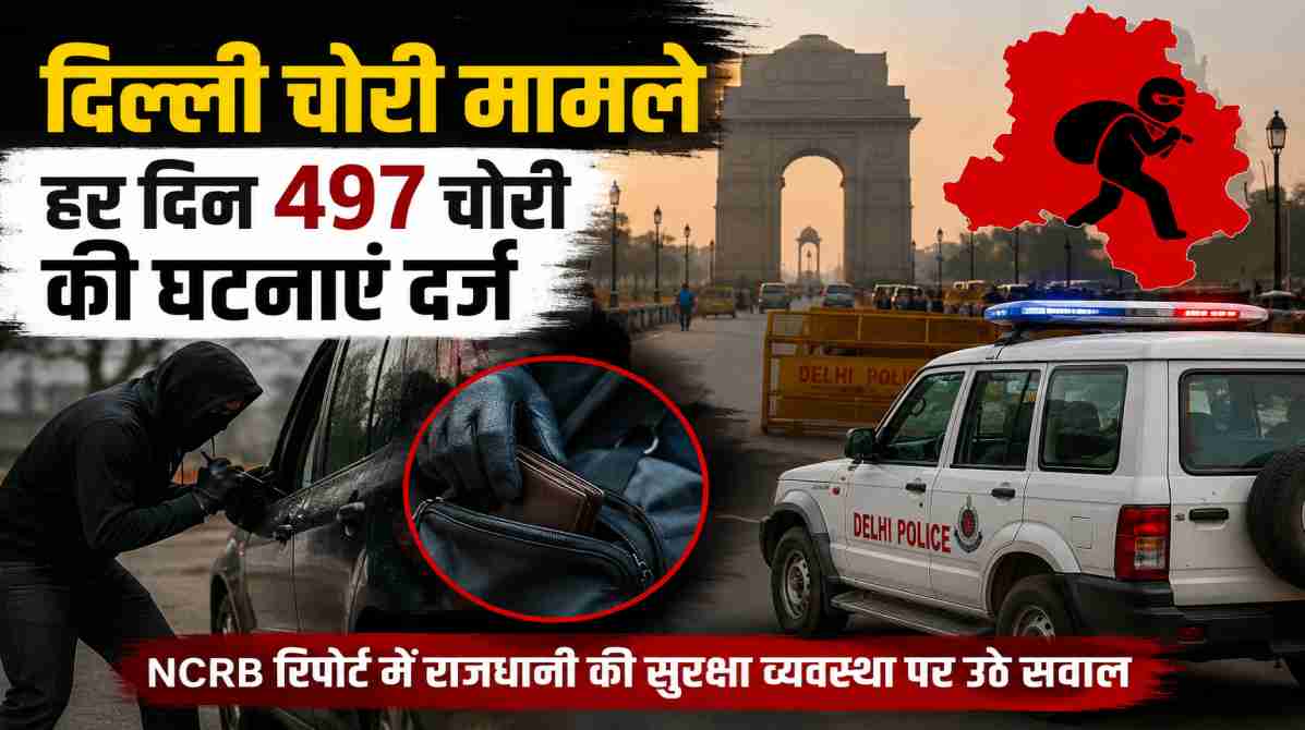 राजधानी दिल्ली की व्यस्त सड़क, पुलिस वाहन और चोरी की घटनाओं को दर्शाती प्रतीकात्मक तस्वीर