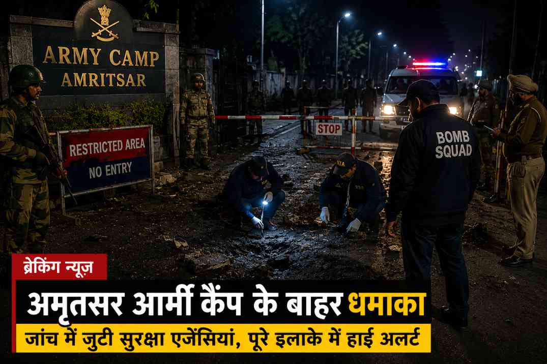 रात के समय आर्मी कैंप के बाहर सुरक्षा घेरा, पुलिस और बम निरोधक दस्ता जांच करते हुए, चारों तरफ बैरिकेडिंग और हाई अलर्ट का माहौल
