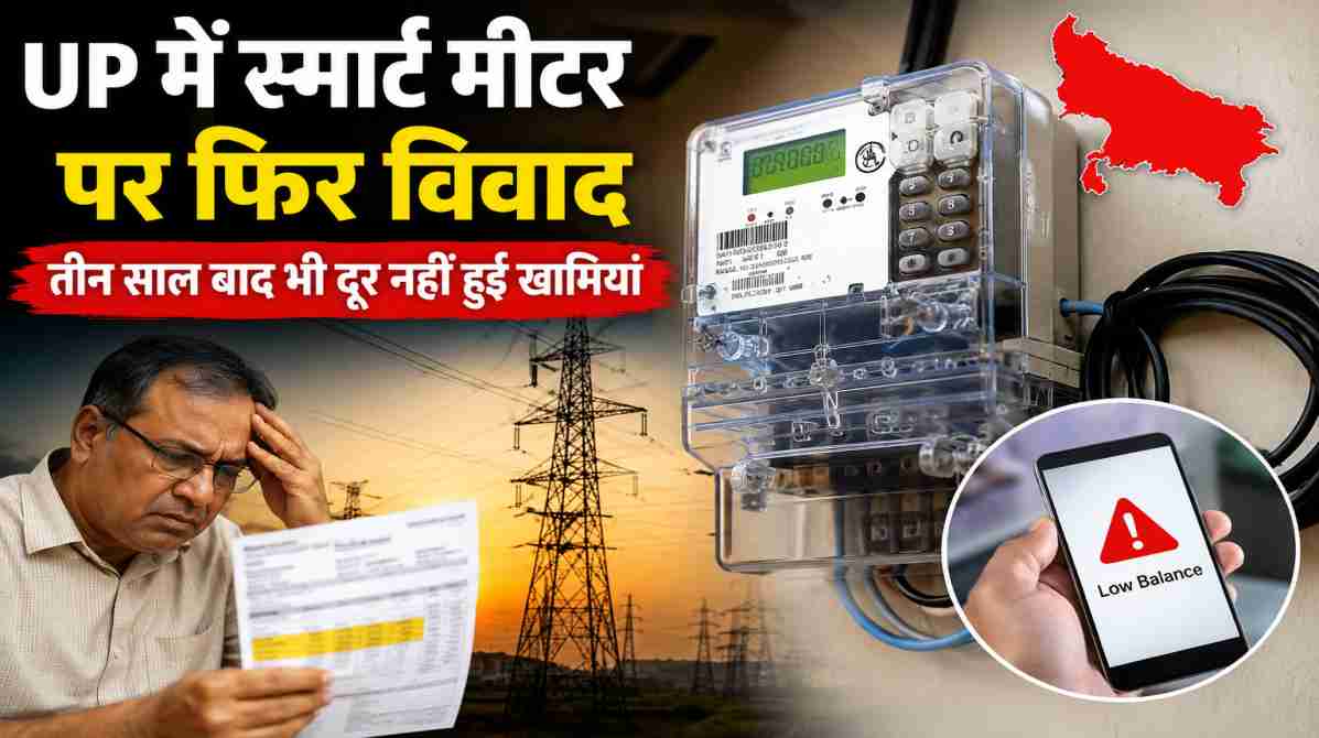 घर में लगा स्मार्ट बिजली मीटर, मोबाइल पर बिल अलर्ट और नेटवर्क समस्या को दर्शाता दृश्य