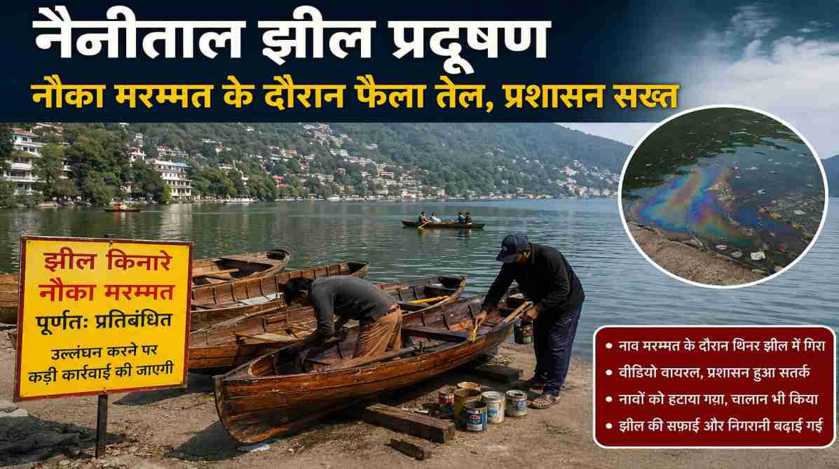 नैनीताल झील के किनारे खड़ी नावें, मरम्मत कार्य रोकते पालिका कर्मचारी और झील की निगरानी करता प्रशासन।
