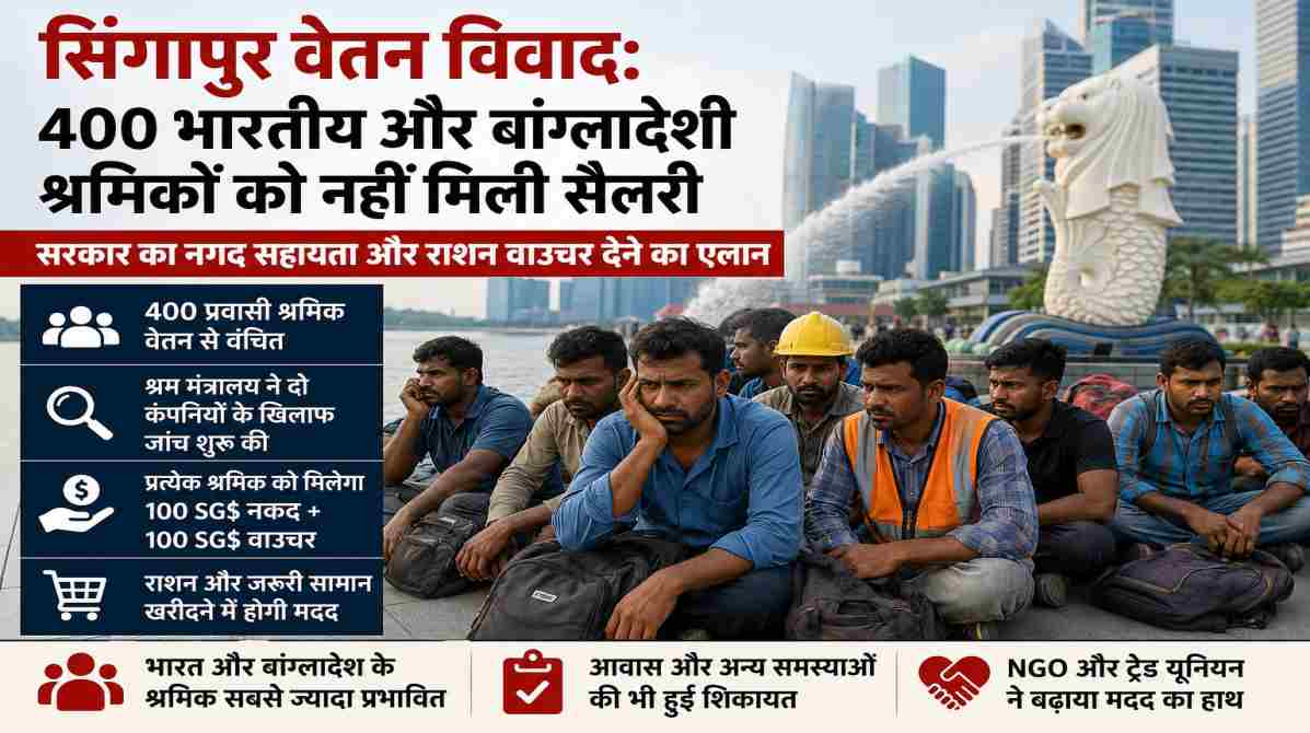सिंगापुर में काम कर रहे प्रवासी श्रमिकों का समूह, जिन्हें वेतन भुगतान न होने के बाद सरकार और श्रमिक संगठनों की ओर से नकद सहायता और वाउचर दिए जा रहे हैं।