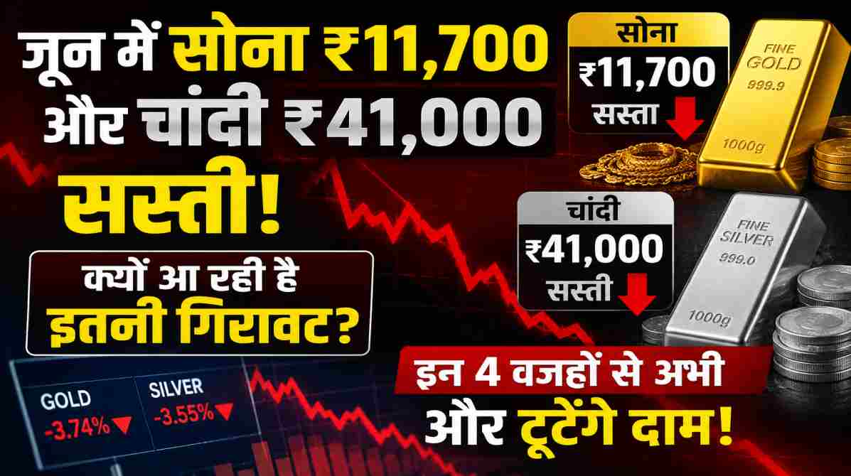 Gold Silver Price Crash को दर्शाती तस्वीर, जिसमें गिरते गोल्ड और सिल्वर रेट्स, बाजार चार्ट और निवेशकों की चिंता को दिखाया गया है।